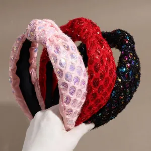 Women Fashion Colorful Sequin Knotted Wide Brim Headband Sparkling Mesh Grid Hair Band Elegant Padded Headwear Accessory
