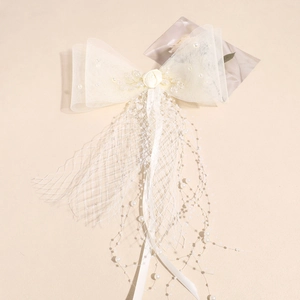 Elegant cream white bridal hair clip with mesh bow, silk rose, and pearl tassel fringe