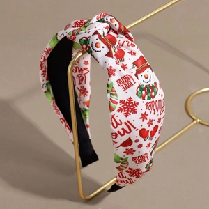 Weihnachts-Knoten-Haarreif mit Schneemann-Motiv auf weißem Satin-Stoffbezug