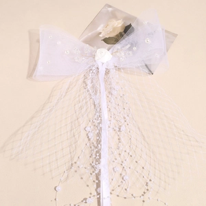Elegant white tulle bow hair clip with faux pearls and rose flower for bridal wedding hair
