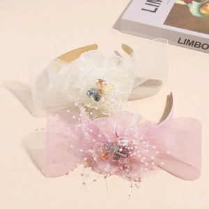 Elegant Mesh Flower Bow Headband For Women Sweet Artificial Pearl Rhinestone Hair Hoop For Banquet Wedding Party Hair Accessories
