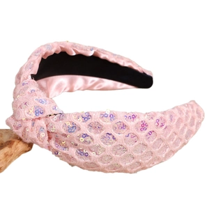 Pink sequin knotted headband with colorful mesh and a wide sparkling fabric design