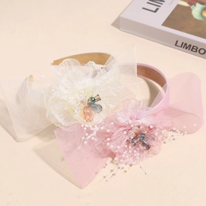 Elegant floral mesh bow headbands with faux pearls and beads for girls' festive events