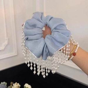 French style light blue satin hair scrunchie with elegant white pearl tassel fringe