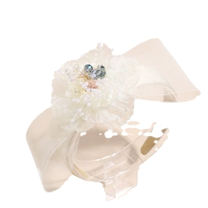 Elegant off-white wide mesh headband with layered tulle flowers and pearl bead accents