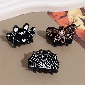 Gruseliger Halloween Mini Haarkralle Gothic Schwarz Acryl Fledermaus Spinnennetz Totenkopf Party Haarschmuck Accessoires