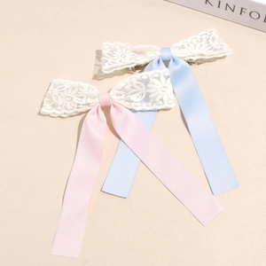 Detail von rosa und blauen Spitzen-Schleifen-Haarspangen mit langen Satinbändern