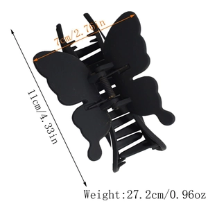 Detailed view of the 11cm matte black butterfly claw clip with specific dimensions and weight