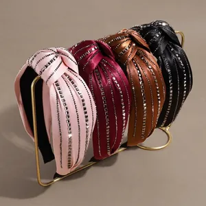 Fashion Wide Brim Satin Knot Headband For Women Sparkling Rhinestone Rows Hair Band Elegant Padded Headwrap Vintage Hair Accessories