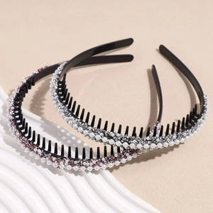 Elegante diadema fina de perlas con dientes antideslizantes y brillantes para mujer