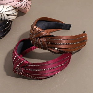 Satin wide knotted headband set with metallic studs in various elegant colors