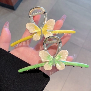 Large alloy butterfly hair claw clips in yellow and green gradient set for women