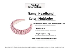 Pink padded sponge headband with pearl embellishments showing detailed size and weight specs