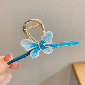 Golden butterfly hair claw clip with blue gradient enamel wings for women and girls