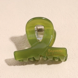 Dettaglio della pinza per capelli in resina verde oliva con scritta dorata La France