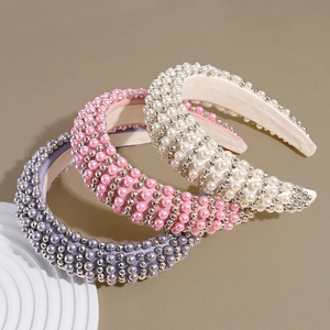 Padded pearl headbands in grey-blue, pink, and cream white for stylish hair styling
