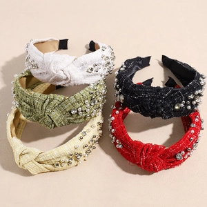 Vintage Tweed Knotted Headband For Women Elegant Wide Brim Hair Band With Faux Artificial Pearls And Rhinestones Hair Accessories