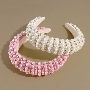 Baroque style pearl sponge headbands in pink and beige fabric with silver bead accents