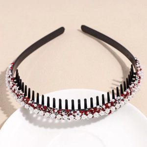 Diadema antideslizante para mujer con diamantes de imitación rojos y perlas blancas