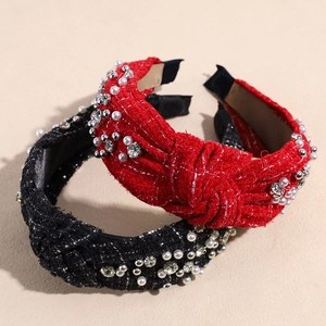 Red and black tweed knotted headbands with elegant pearls and sparkling rhinestones
