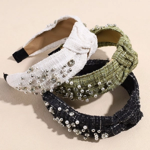 Tweed knotted headbands with pearls and rhinestones in white, green, and black colors
