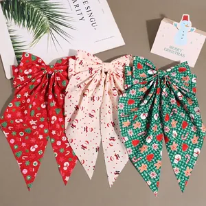 Christmas Bow Hair Clip Gingerbread Man Santa Claus Print Fabric Bowknot Spring Clip Festive Hair Accessories For Women