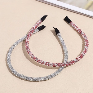 Serre-tête fin élégant avec strass brillants et perles en argent et rose, lot de deux