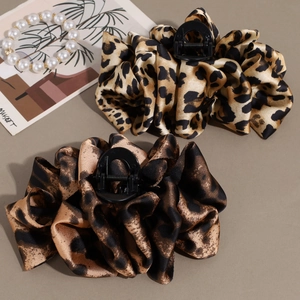 Retro leopard print cloud bubble hair claw clips for women with satin fabric texture