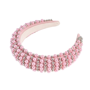 Pink baroque padded headband with faux pearls and sparkling metallic beads for women