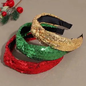 Christmas Sequin Knot Headband For Women Girls Mesh Wide Sparkling Hairband Festive Party Hair Accessories Red Green Gold