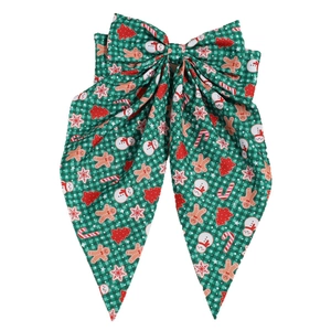 Christmas bow hair clip with gingerbread man print and green checkered ribbon