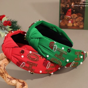 Weihnachts-Haarreifen geknotet mit Strasssteinen und Perlen in Rot und Grün festlich