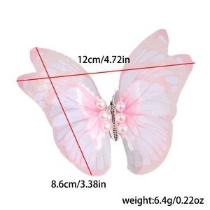 Dimensions détaillées de la pince à cheveux papillon en tulle rose avec perles