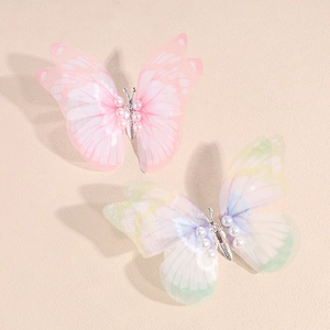 Barrettes papillon chinoises pour filles avec ailes en organza dégradé et perles blanches