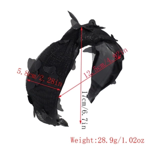 Detail showing dimensions and black mesh fabric with butterfly appliques on headband