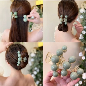 Korean Style Elegant Bead Hair Claw Clip Large Amber Bean Green Shark Clip For Women Thick Hair Accessories Headwear