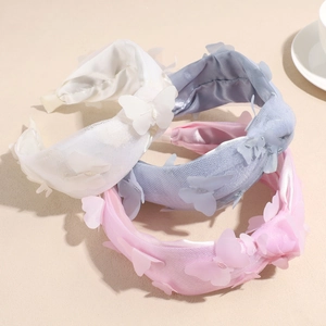 Three-color set of elegant mesh butterfly wide headbands in white, pink, and light blue colors