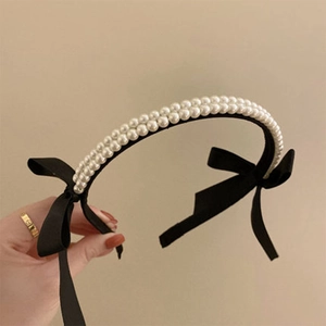 French Vintage Double Row Faux Artificial Pearl Headband Black Satin Bowknot Hair Band Elegant Wedding Party Accessories For Women