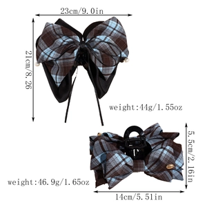 Detail of blue and brown checkered ribbon hair claws with precise size measurements