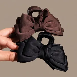 Vintage Satin Bowknot Hair Claw Clip For Women Large Elegant Fabric Bow Shark Clip Daily Party Styling Hair Accessory