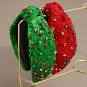 Serre-têtes de Noël en velours avec strass brillants et design noué en rouge et vert