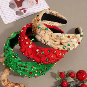 Trois serre-têtes de Noël en velours avec perles et strass en rouge, vert et beige