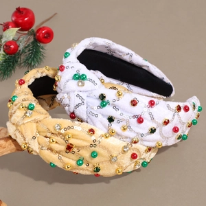 Serre-tête de Noël en velours avec paillettes et perles blanc et doré champagne