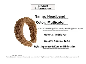 Detail view of brown faux shearling headband with 4.5cm width and 14cm diameter size specs