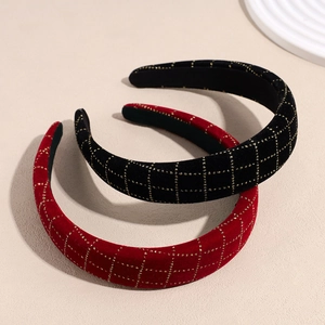 Lot de serre-têtes en velours épais rouge et noir avec motif de grille dorée