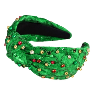 Serre-tête de Noël en velours vert avec paillettes, perles colorées et nœud torsadé