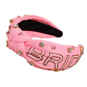 Serre-tête noué rose avec strass et perles orné du texte BRIDE pour les fêtes de mariage