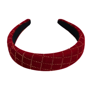 Serre-tête rétro en velours bordeaux avec motif de grille dorée et design large rembourré