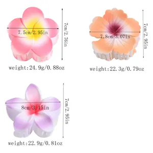 Size specifications for gradient flower hair claws in pink, orange, and purple resin