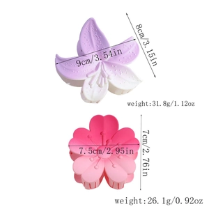 Detailed view of floral hair claws with frosted gradients and precise size specifications